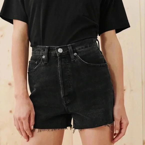 RE/DONE Womens Size 25 Black Denim Jean Shorts Button Fly Cut Off Raw Hem Cotton - Picture 1 of 12